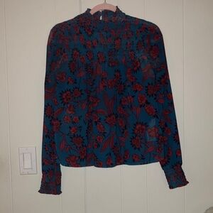 Abercrombie & Fitch teal floral sheer blouse smocked blouse
